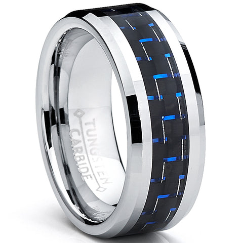 8MM Men's Tungsten Carbide Ring W/ BLACK & BLUE Carbon Fiber Inlay Sizes 5 to 15