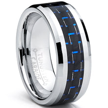 8MM Men's Tungsten Carbide Ring W/ BLACK & BLUE Carbon Fiber Inlay Sizes 5 to 15