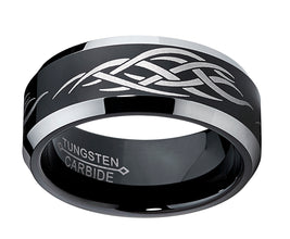 8MM Black Men's Tungsten Ring with Laser Etched Tribal Design Sizes 7 to 13