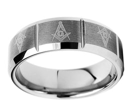 Tungsten Carbide Men's Laser Etched Masonic Ring, 8mm Comfort Fit, Sizes 7 to 13
