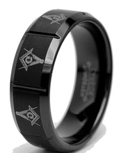 Tungsten Carbide Men's Black Laser Etched Masonic Ring, 8mm Comfort Fit, Sizes 7 to 13
