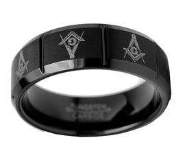 Tungsten Carbide Men's Black Laser Etched Masonic Ring, 8mm Comfort Fit, Sizes 7 to 13