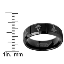 Tungsten Carbide Men's Black Laser Etched Masonic Ring, 8mm Comfort Fit, Sizes 7 to 13