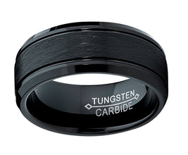 Tungsten Carbide Men's Black Brushed Textured Center Ring Band, 8 mm Comfort Fit Sizes 7 to 15