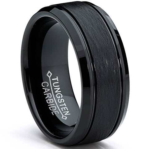 Tungsten Carbide Men's Black Brushed Textured Center Ring Band, 8 mm Comfort Fit Sizes 7 to 15