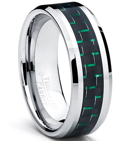9MM Men's Tungsten Carbide Ring W/ BLACK & GREEN Carbon Fiber Inlay Sizes 7 to 13