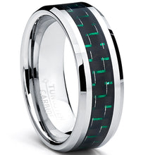 9MM Men's Tungsten Carbide Ring W/ BLACK & GREEN Carbon Fiber Inlay Sizes 7 to 13