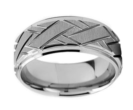 Tungsten Carbide Men's Weave Grooved Pattern Wedding Ring Band, 9mm Sizes 8 to 13