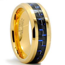 8MM Men's Goldtone Plated Tungsten Carbide Ring Wedding Band W/ Black & Blue Carbon Fiber  Inlay Size 7 to 15