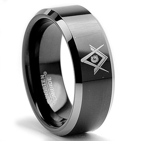 Tungsten Carbide Men's Two Tone Black FREEMASON MASONIC Ring Band 8MM Sizes 6 to 15