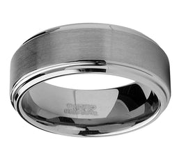 Tungsten Men's Wedding Band 8MM Brushed Finish High-Polish Silvertone Comfort-Fit Beveled Edges