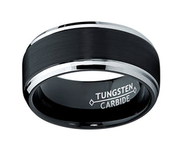 Men's Two-Tone Tungsten Ring Black Brushed Wedding Band 9MM Sizes 7-15