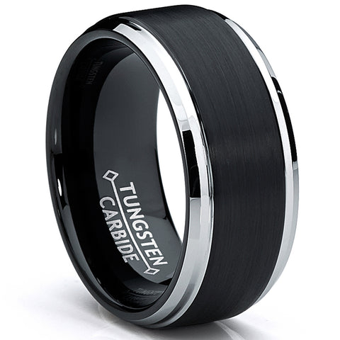 Men's Two-Tone Tungsten Ring Black Brushed Wedding Band 9MM Sizes 7-15