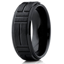 Tungsten Carbide Men's Black Textured Brushed Grooved Wedding Band Ring, Comfort Fit 8mm