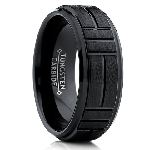 Tungsten Carbide Men's Black Textured Brushed Grooved Wedding Band Ring, Comfort Fit 8mm
