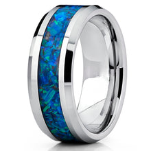 Men's 8MM Tungsten Carbide Wedding Band Ring With Blue Green Simulated Opal Inlay 8MM