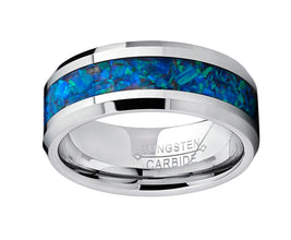 Men's 8MM Tungsten Carbide Wedding Band Ring With Blue Green Simulated Opal Inlay 8MM