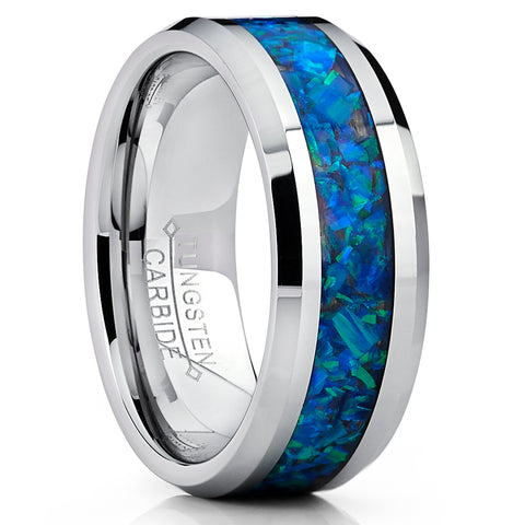 Men's 8MM Tungsten Carbide Wedding Band Ring With Blue Green Simulated Opal Inlay 8MM