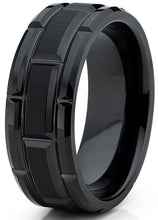 Tungsten Carbide Men's Black Brushed Grooved Wedding Band Engagement Ring, Comfort Fit 8mm