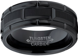 Tungsten Carbide Men's Black Brushed Grooved Wedding Band Engagement Ring, Comfort Fit 8mm