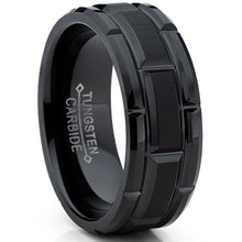 Tungsten Carbide Men's Black Brushed Grooved Wedding Band Engagement Ring, Comfort Fit 8mm