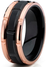 Tungsten Carbide Men's Black and RoseTone Brushed Grooved Wedding Band Engagement Ring, Comfort Fit 8mm
