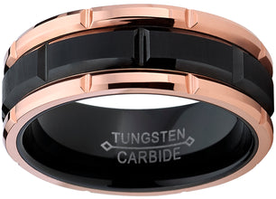 Tungsten Carbide Men's Black and RoseTone Brushed Grooved Wedding Band Engagement Ring, Comfort Fit 8mm
