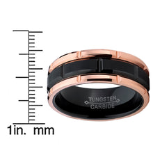 Tungsten Carbide Men's Black and RoseTone Brushed Grooved Wedding Band Engagement Ring, Comfort Fit 8mm