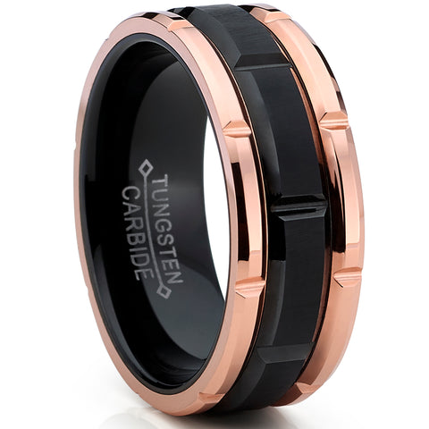 Tungsten Carbide Men's Black and RoseTone Brushed Grooved Wedding Band Engagement Ring, Comfort Fit 8mm