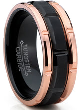 Tungsten Carbide Men's Black and RoseTone Brushed Grooved Wedding Band Engagement Ring, Comfort Fit 8mm