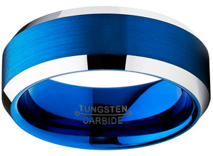 Tungsten Carbide Men's Brushed Wedding Band Blue Plated Engagement Ring 8MM Comfort-Fit