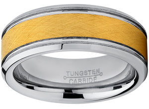 Tungsten Carbide Men's Goldtone Brushed Textured Center Ring Band, 8 mm Comfort Fit Sizes 7 to 15