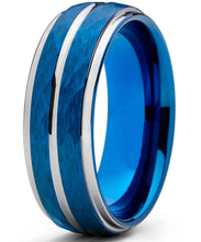 Men's Two Tone Blue Hammered Brushed Tungsten Wedding Ring, 8mm Comfort Fit Band Sizes 7 to 15