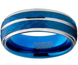 Men's Two Tone Blue Hammered Brushed Tungsten Wedding Ring, 8mm Comfort Fit Band Sizes 7 to 15