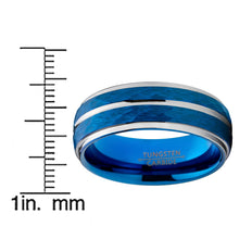 Men's Two Tone Blue Hammered Brushed Tungsten Wedding Ring, 8mm Comfort Fit Band Sizes 7 to 15