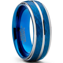 Men's Two Tone Blue Hammered Brushed Tungsten Wedding Ring, 8mm Comfort Fit Band Sizes 7 to 15