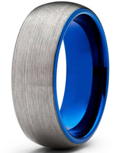 Men's Tungsten Carbide Wedding Band Ring, 8mm Dome Brushed Blue Comfort Fit Band 7 to 15