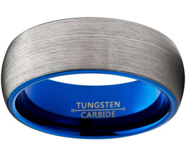 Men's Tungsten Carbide Wedding Band Ring, 8mm Dome Brushed Blue Comfort Fit Band 7 to 15