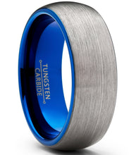 Men's Tungsten Carbide Wedding Band Ring, 8mm Dome Brushed Blue Comfort Fit Band 7 to 15