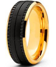 Men's Two Tone Black and Goldtone Textured Brushed Tungsten Wedding Ring, 8mm Comfort Fit Band