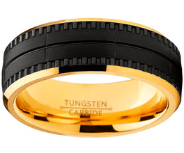 Men's Two Tone Black and Goldtone Textured Brushed Tungsten Wedding Ring, 8mm Comfort Fit Band