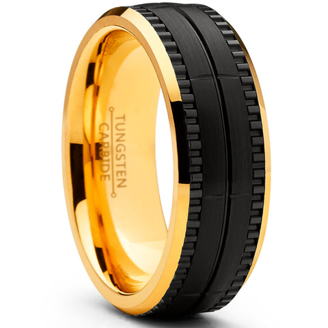 Men's Two Tone Black and Goldtone Textured Brushed Tungsten Wedding Ring, 8mm Comfort Fit Band
