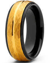 Men's Two Tone Black and Goldtone Hammered Brushed Tungsten Wedding Ring, 8mm Comfort Fit Band 7 to 15