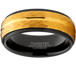 Men's Two Tone Black and Goldtone Hammered Brushed Tungsten Wedding Ring, 8mm Comfort Fit Band 7 to 15