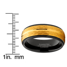 Men's Two Tone Black and Goldtone Hammered Brushed Tungsten Wedding Ring, 8mm Comfort Fit Band 7 to 15