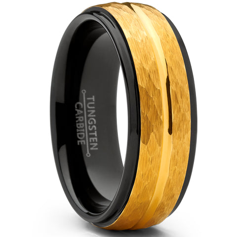 Men's Two Tone Black and Goldtone Hammered Brushed Tungsten Wedding Ring, 8mm Comfort Fit Band 7 to 15