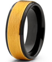 Men's Two Tone Black and Goldtone Textured Brushed Tungsten Wedding Ring, 8mm Comfort Fit Band 7 to 15