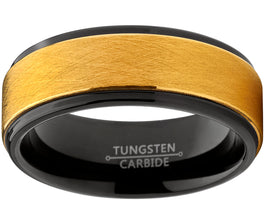 Men's Two Tone Black and Goldtone Textured Brushed Tungsten Wedding Ring, 8mm Comfort Fit Band 7 to 15