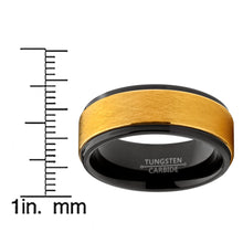 Men's Two Tone Black and Goldtone Textured Brushed Tungsten Wedding Ring, 8mm Comfort Fit Band 7 to 15