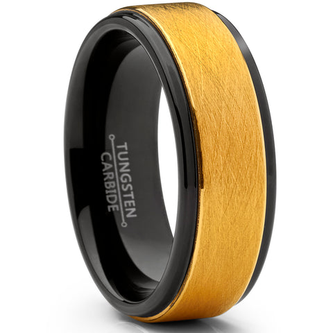 Men's Two Tone Black and Goldtone Textured Brushed Tungsten Wedding Ring, 8mm Comfort Fit Band 7 to 15